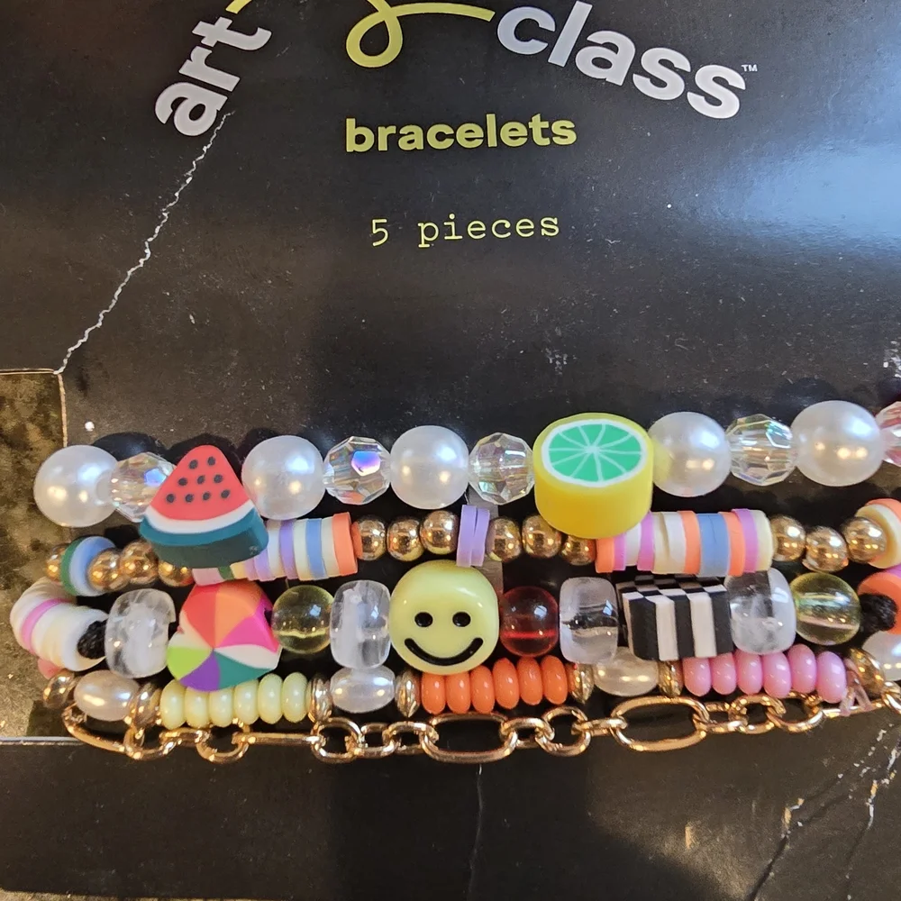 NWT Art Class Fun Emoji and Fruit Kids Bracelet Set